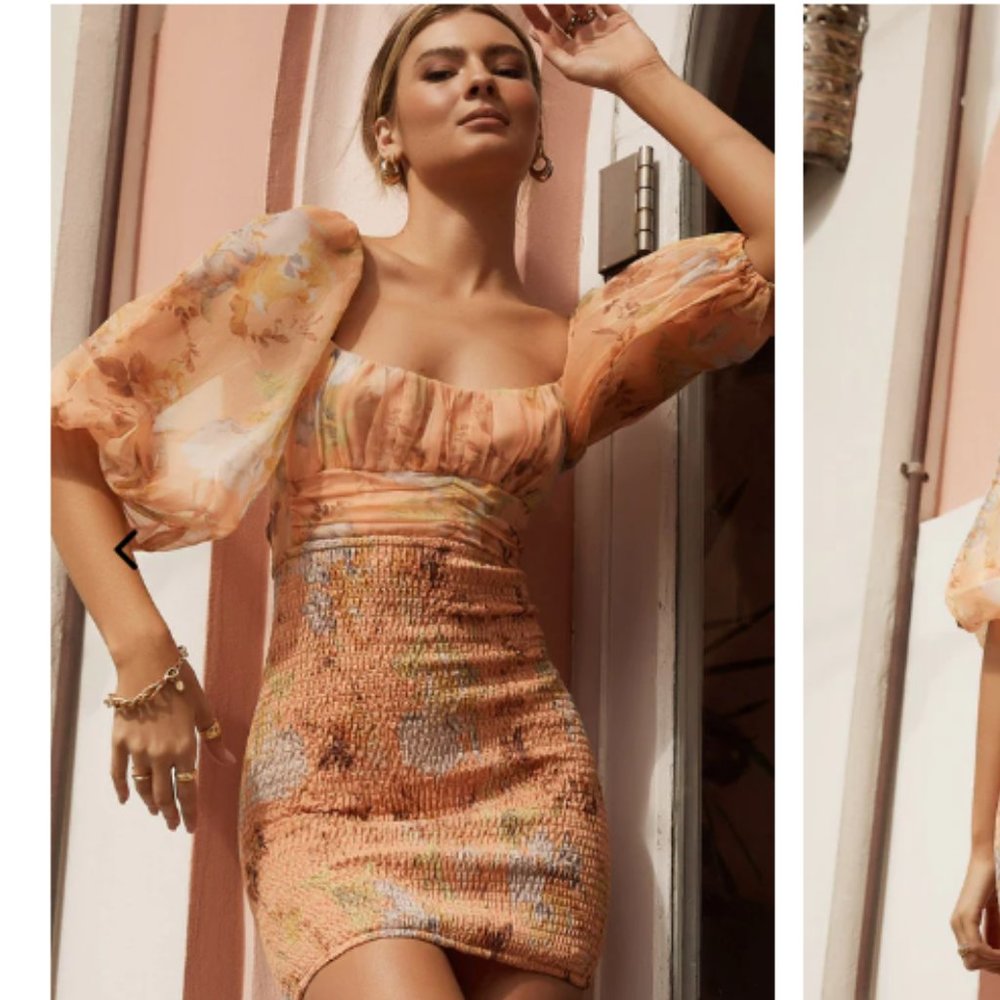 Joie Puff Sleeve Shirred Dress Floral Print Apricot/Green/Orange - Ruched - NWT